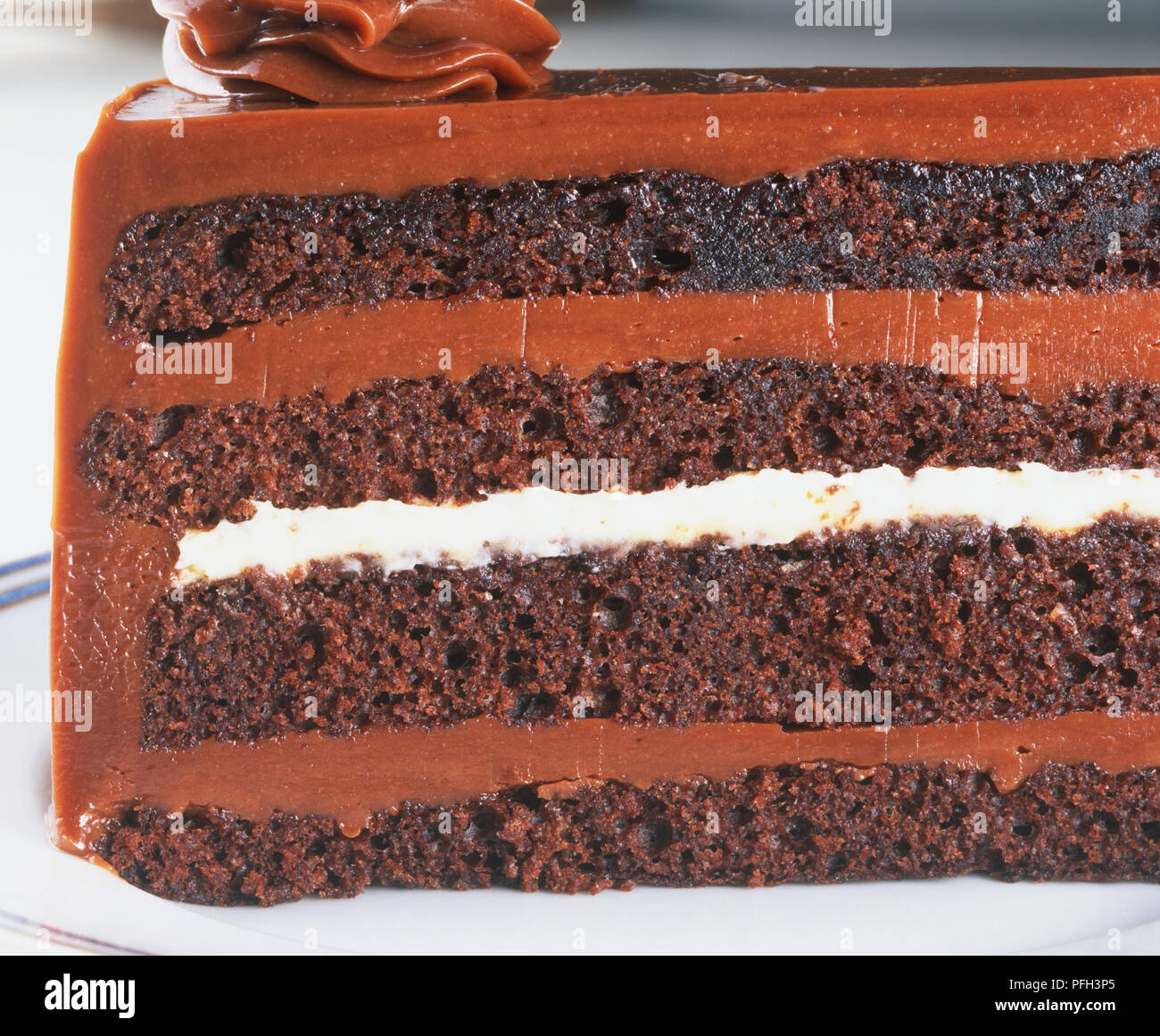 Slice of chocolate truffle torte cake, side view, close up Stock Photo