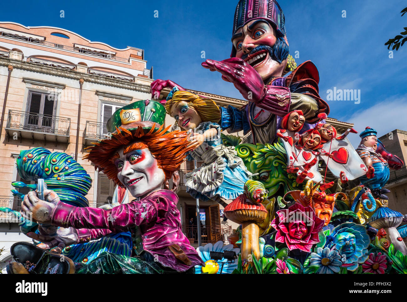 Sciacca, Agrigento, Italy, January, 2018. Carts with colourful sculptures in the fantastic carnival that takes place every year in Sciacca, Sicily Stock Photo