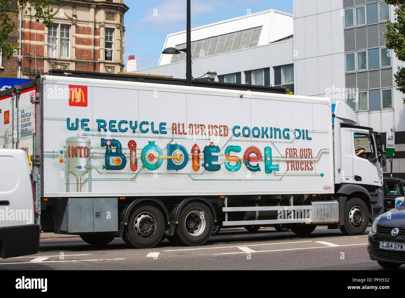 A McDonalds truck using biodiesel from recycled cooking oil on Euston