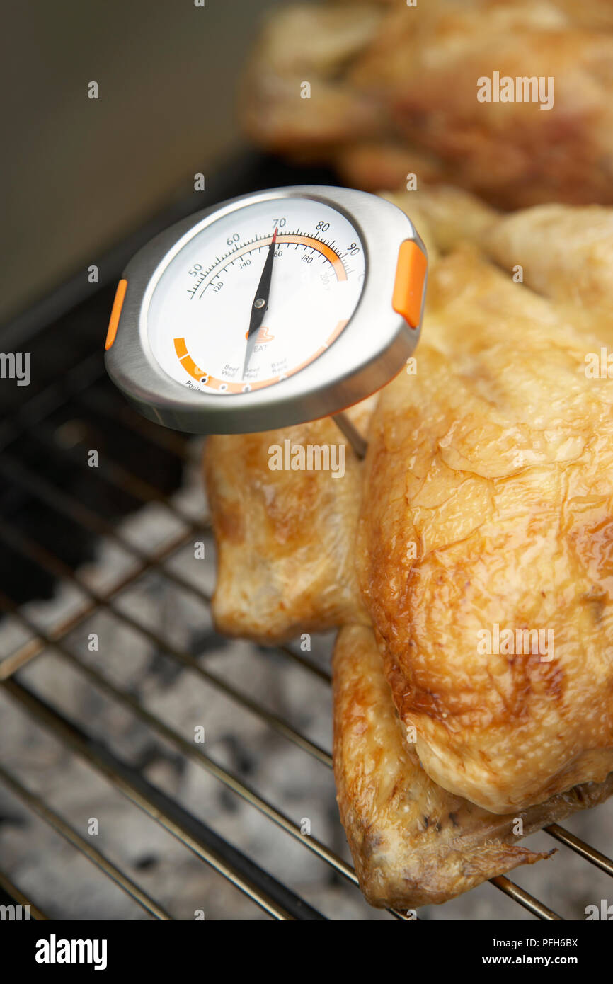 Meat thermometer inserted into poultry on barbecue grill Stock Photo