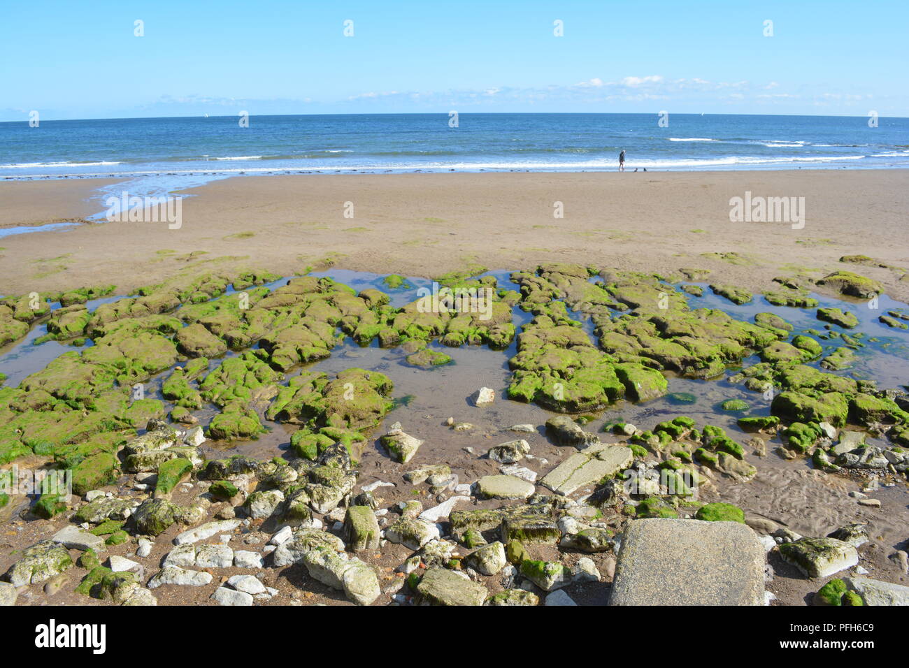afternoon walk at the filey beach in July. Stock Photo