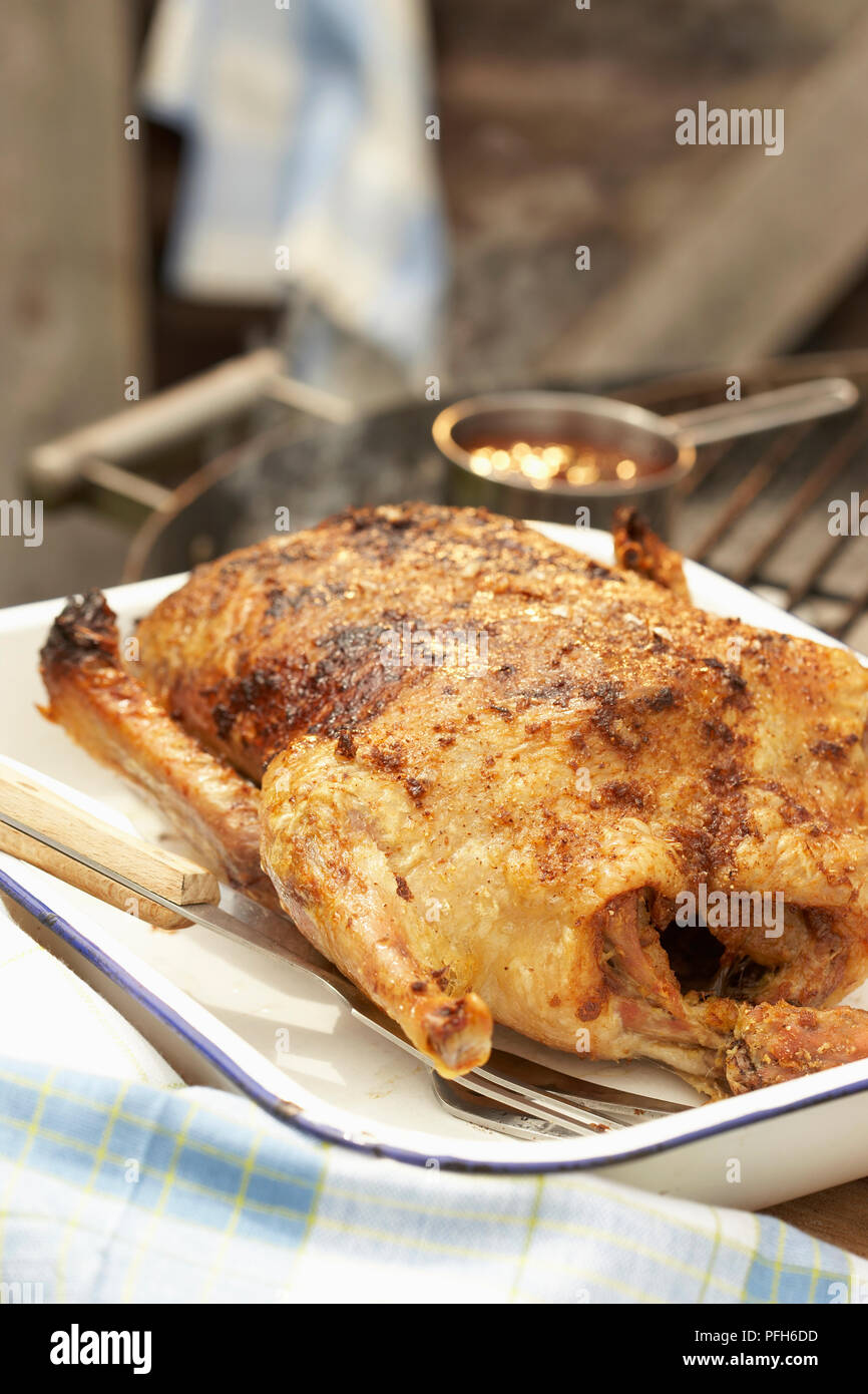 Smoke-roasted whole duck in roasting pan Stock Photo - Alamy