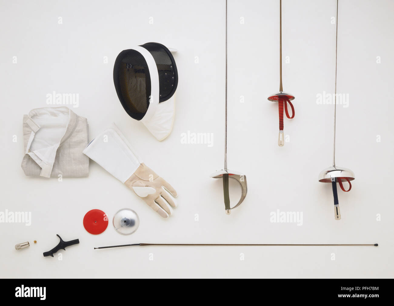 Fencing equipment, including metal jacket, mesh mask, gauntlet, sword