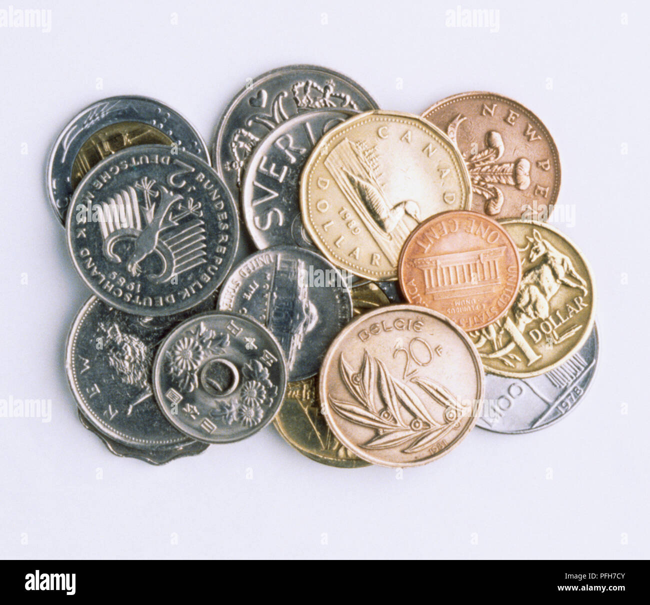 Selection of coins of different currencies Stock Photo