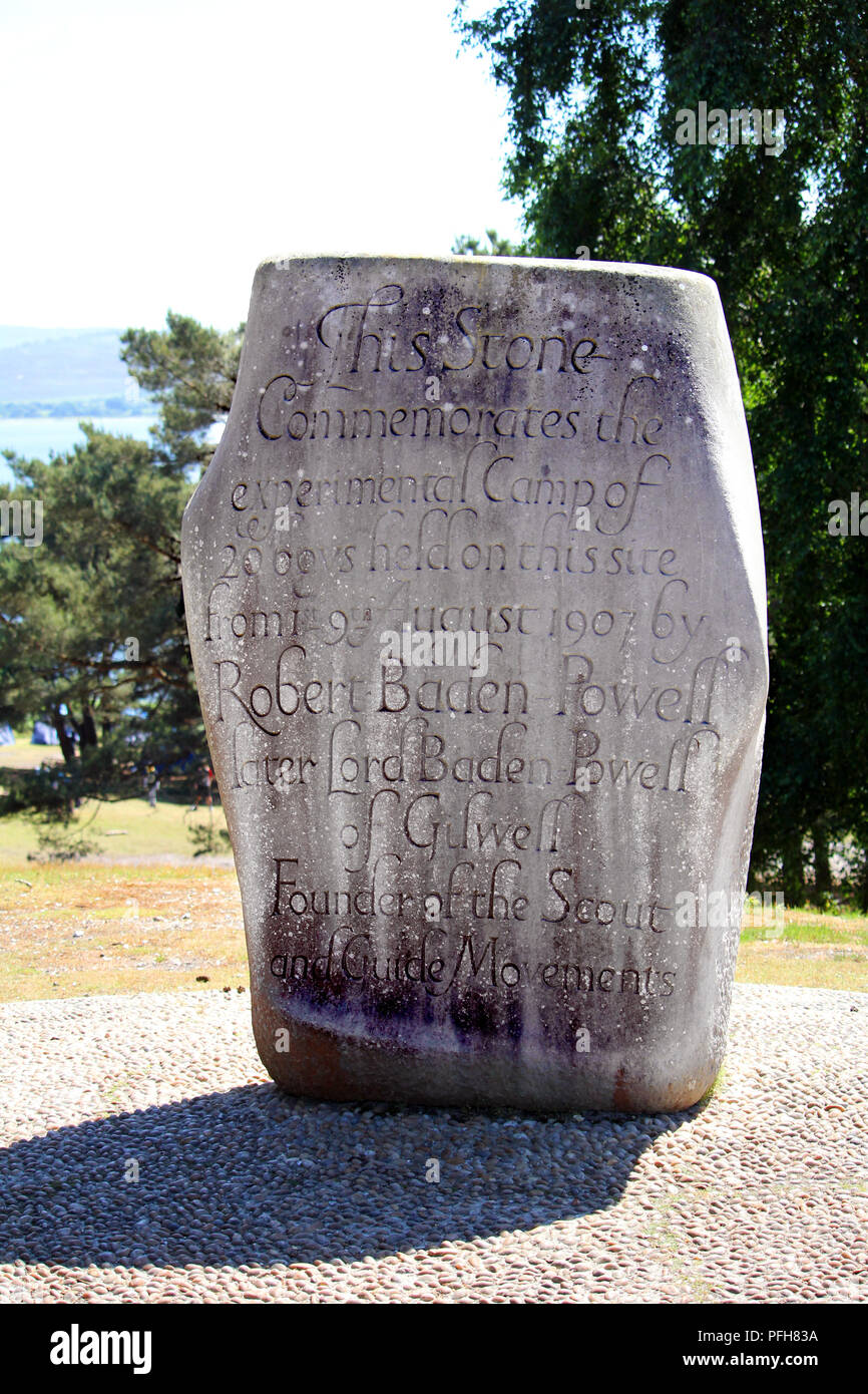 Brownsea, Dorset, England June 02 2018 Stone commemorating the first Boy Scout camp held by