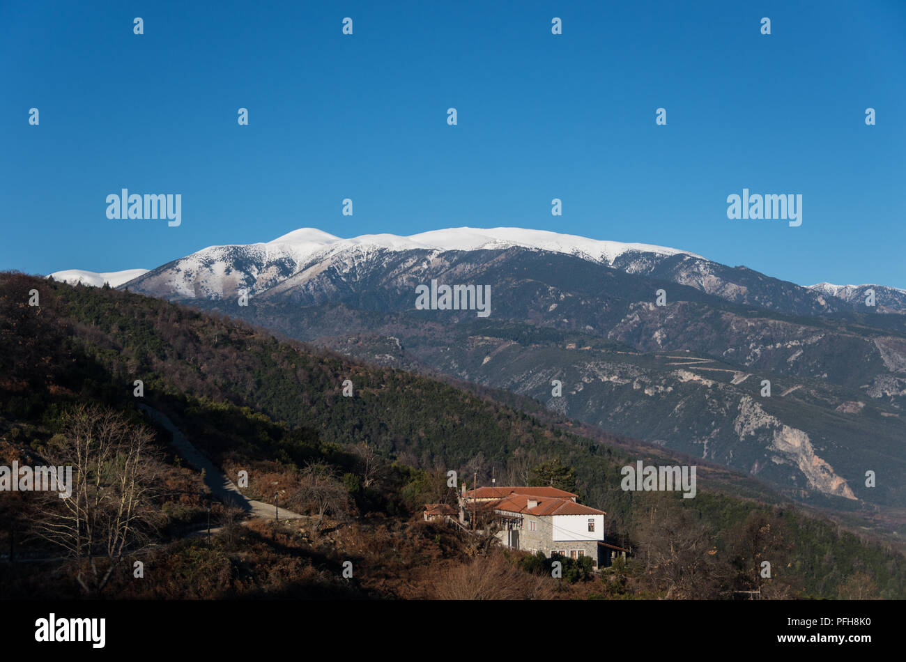 Palaios Panteleimonas village in Leptokaria region with Olympus mount at background, Greece Stock Photo