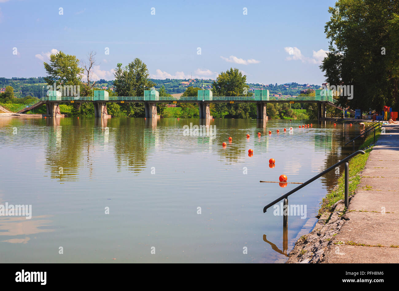 Dam on West Morava River in Serbia during summer season. Stock Photo