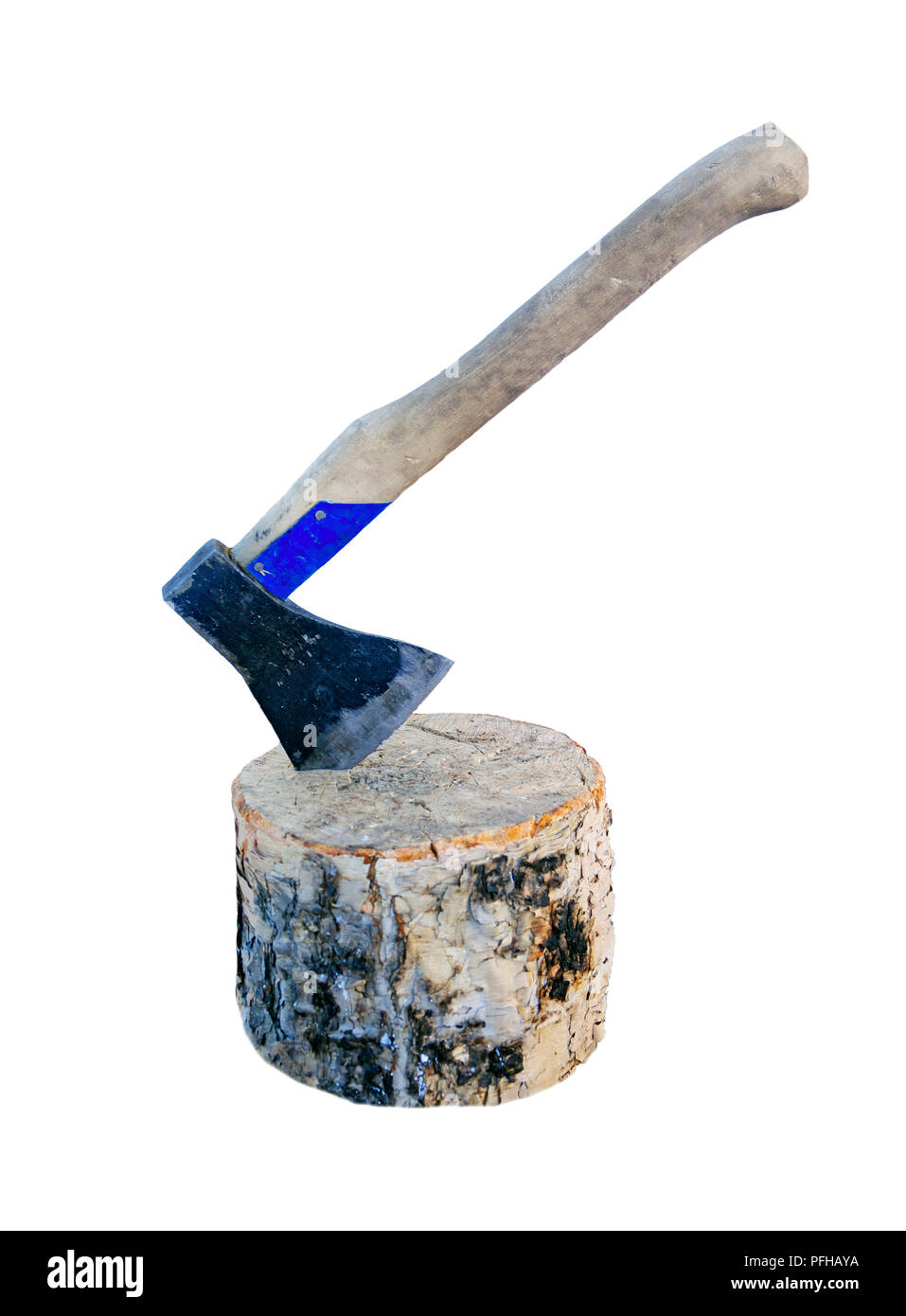 Isolated image of an old ax in a wooden chock Stock Photo