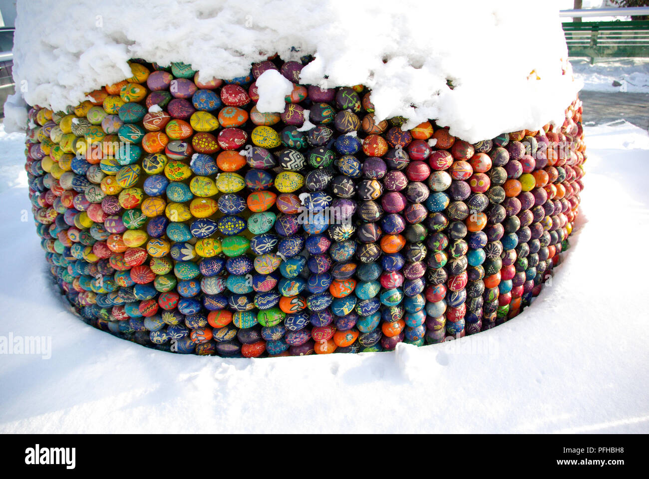 Easter eggs forming a shape on snow Stock Photo