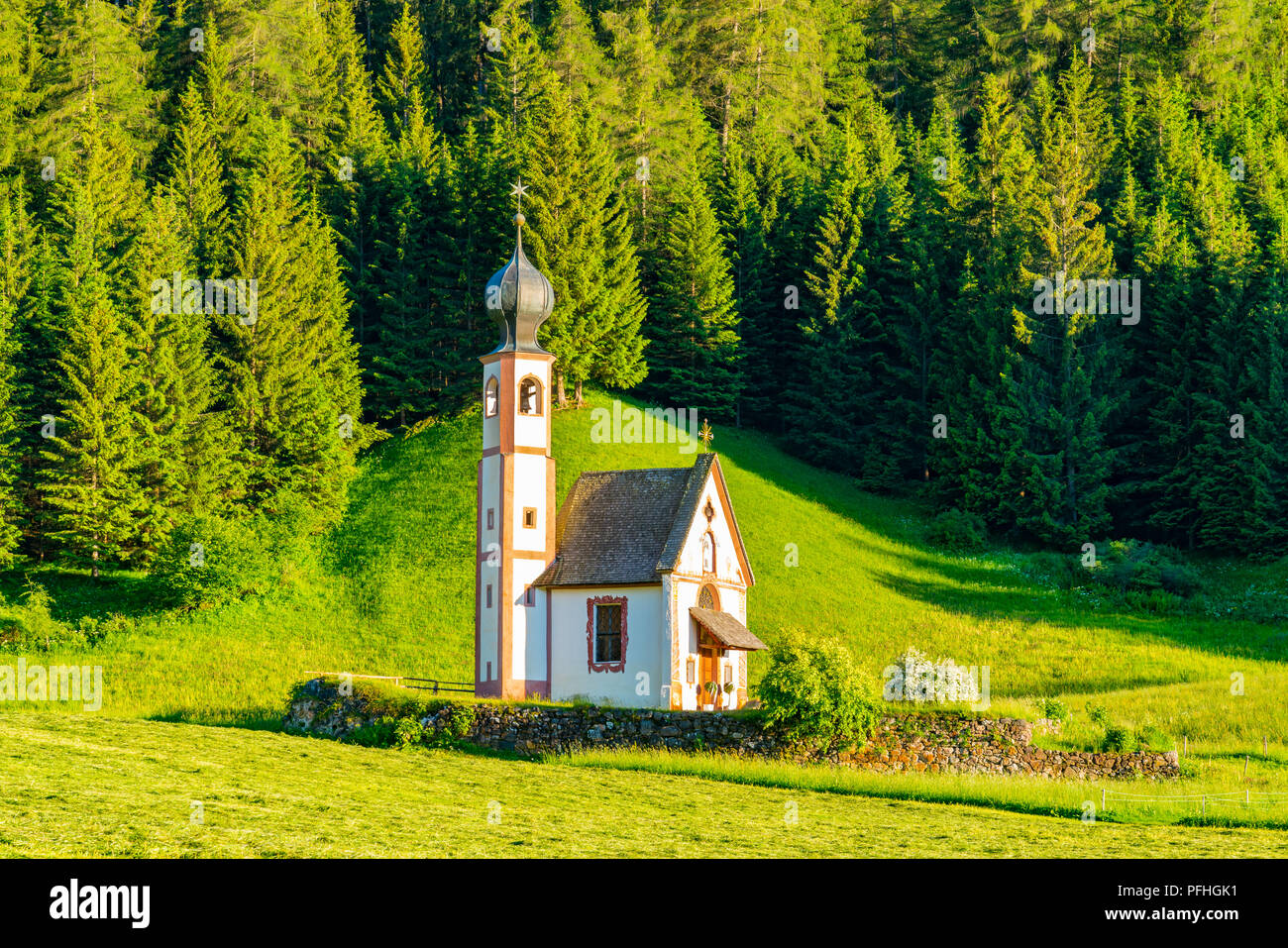 View of the famous small baroque church of St. John of Nepomuk at Ranui in South Tyrol, Italy Stock Photo