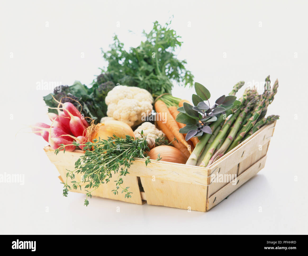 Selection of fresh vegetables in square wooden basket Stock Photo Alamy