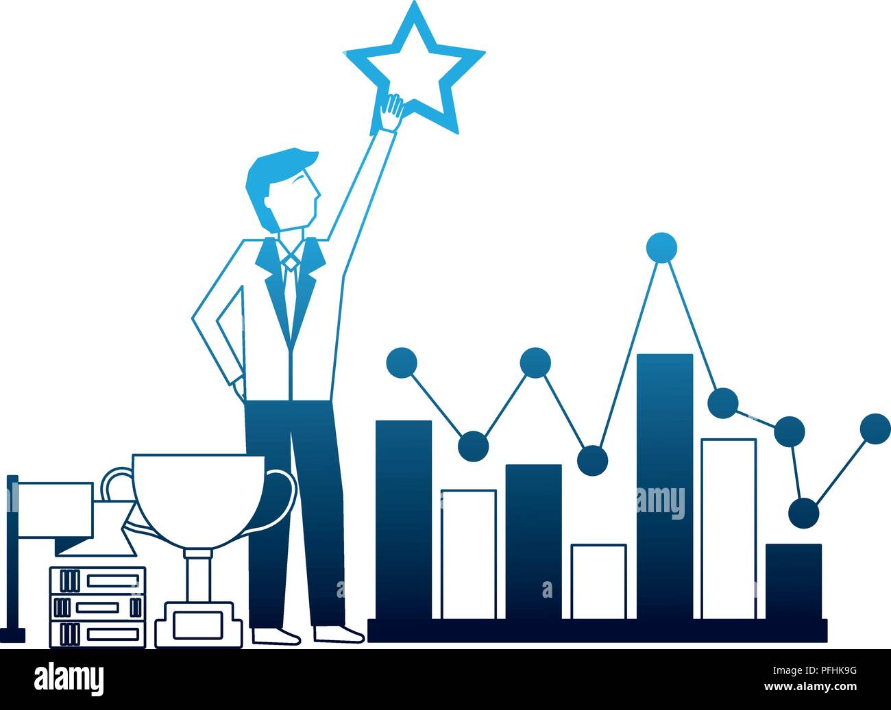 businessman holding star chart trophy flag success vector illustration ...