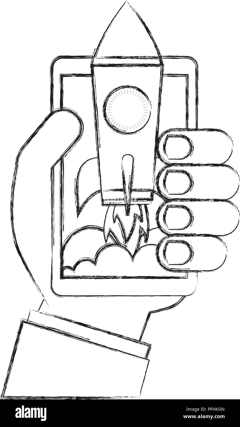 hand holding smartphone with rocket success business vector ...