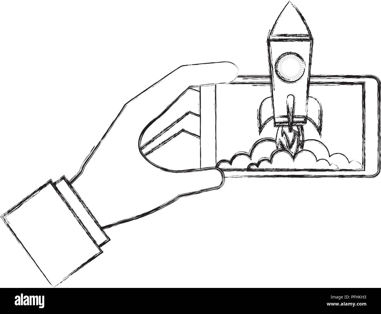hand with smartphone rocket success vector illustration hand drawing ...