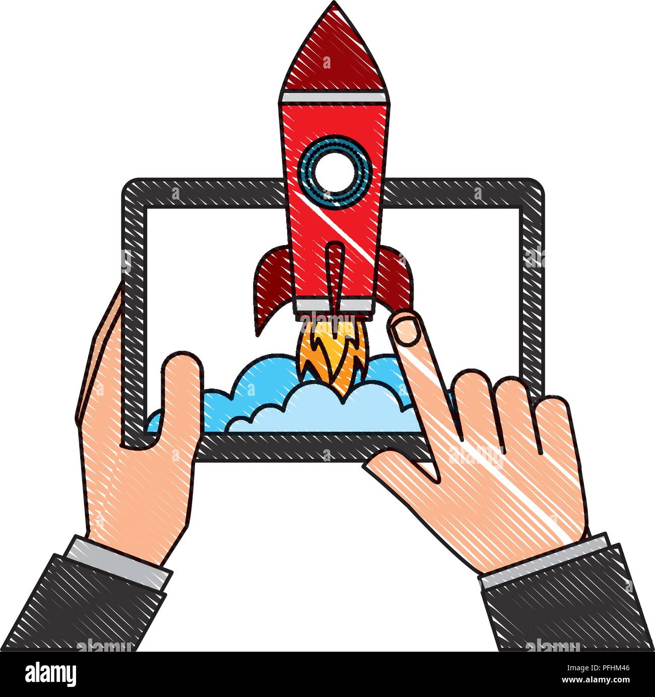 hand with mobile rocket launch success business vector illustration ...
