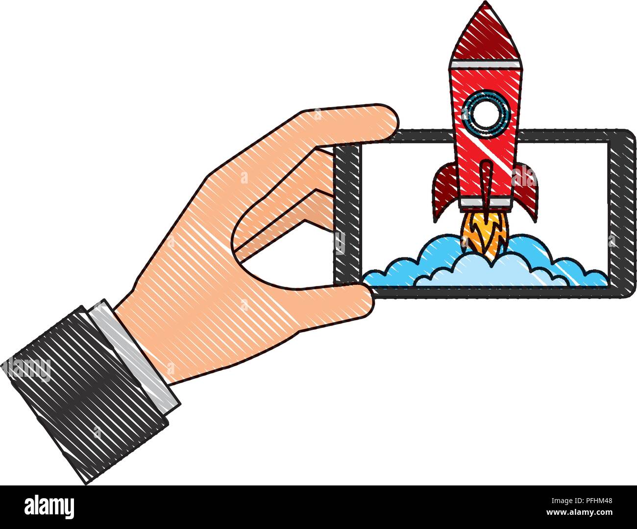 hand with smartphone rocket success vector illustration Stock Vector ...