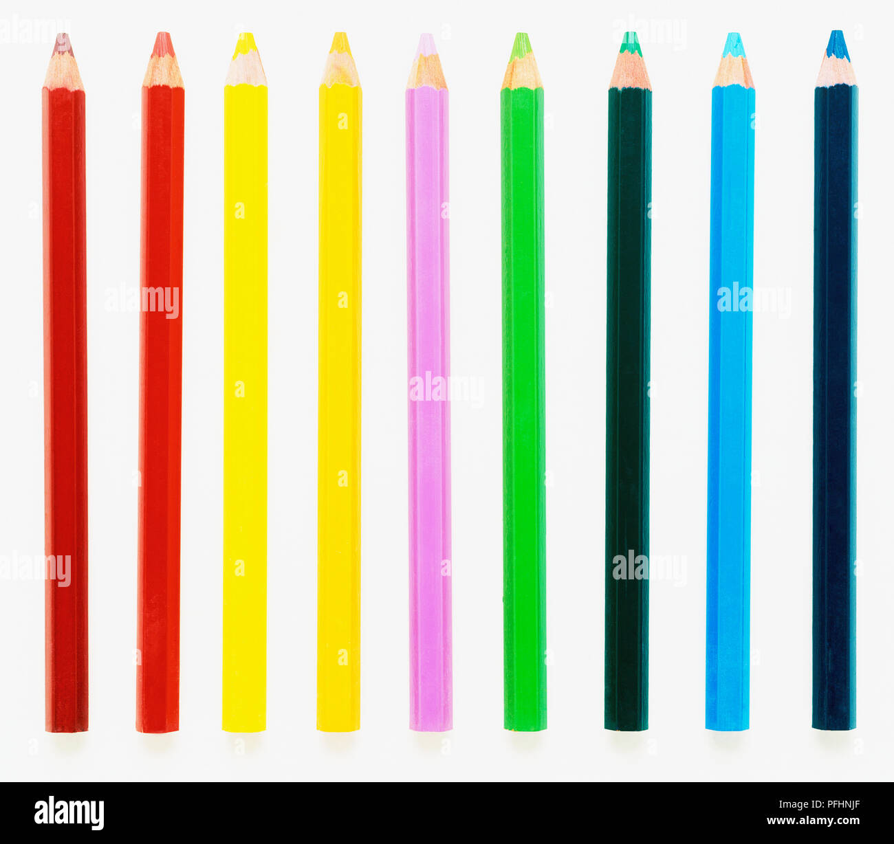 Row of nine coloured pencils Stock Photo Alamy
