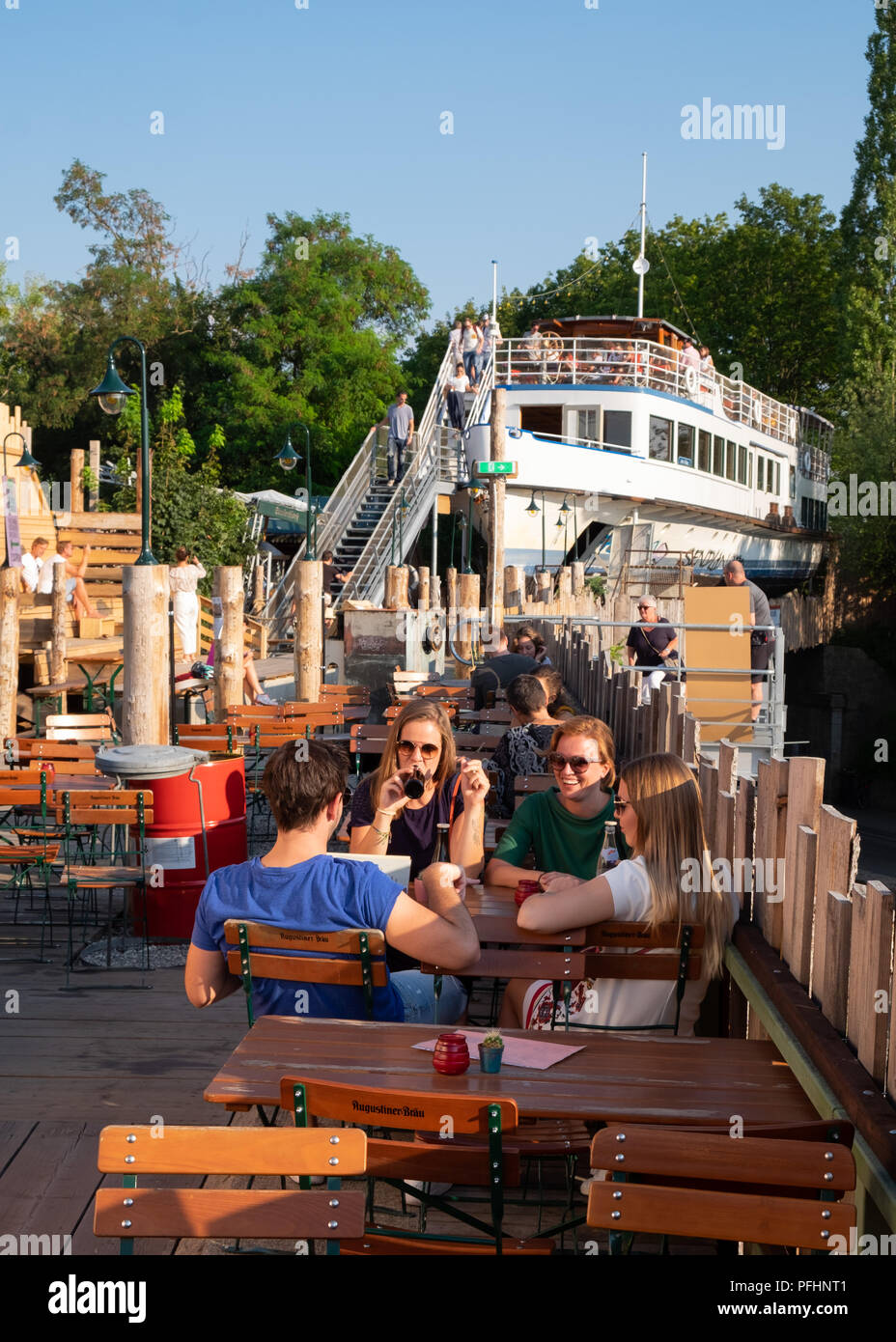 Alte Utting, former  passenger ship converted to a restaurant now placed on a railway bridge in Munich,Germany. Stock Photo