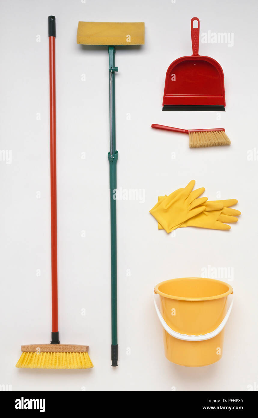 Cleaning equipment, broom, sponge, dustpan and brush, rubber gloves