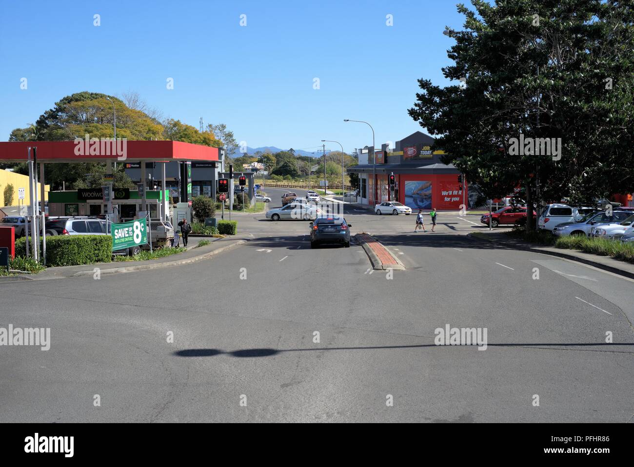 Moving traffic on road in Australian town of Kempsey in New South Wales on 13 August 2018. Stock Photo