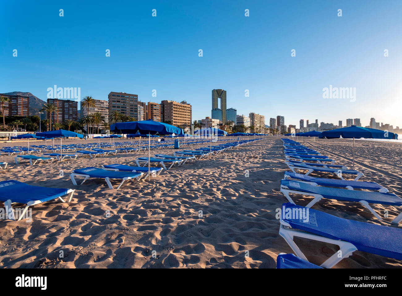 Benidorm city, Costa Blanca, Alicante Province, Spain, Europe /  View along Playa De Poniente beach in springtime. Stock Photo