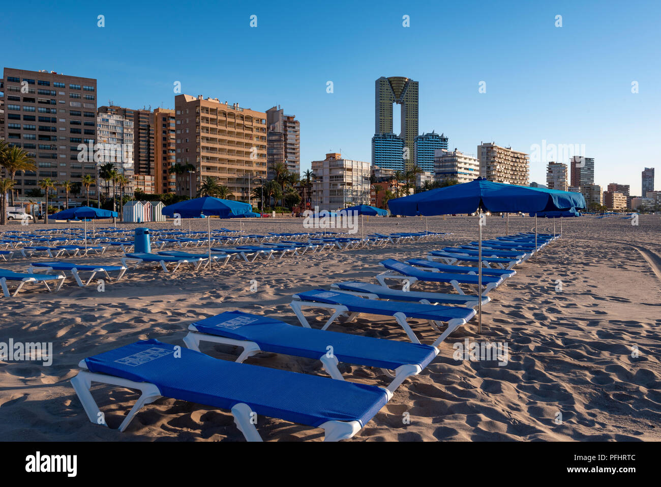 Benidorm city, Costa Blanca, Alicante Province, Spain, Europe /  View along Playa De Poniente beach in springtime. Stock Photo