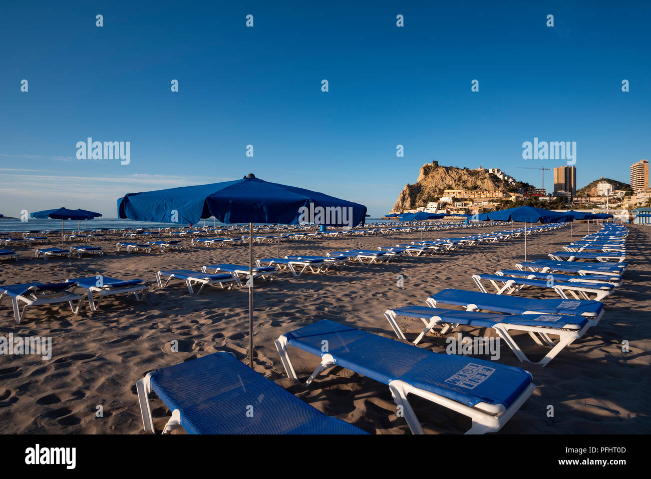Benidorm city, Costa Blanca, Alicante Province, Spain, Europe /  View along Playa De Poniente beach in springtime. Stock Photo