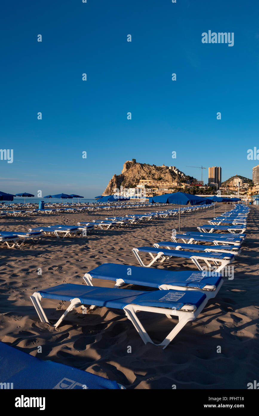 Benidorm city, Costa Blanca, Alicante Province, Spain, Europe /  View along Playa De Poniente beach in springtime. Stock Photo