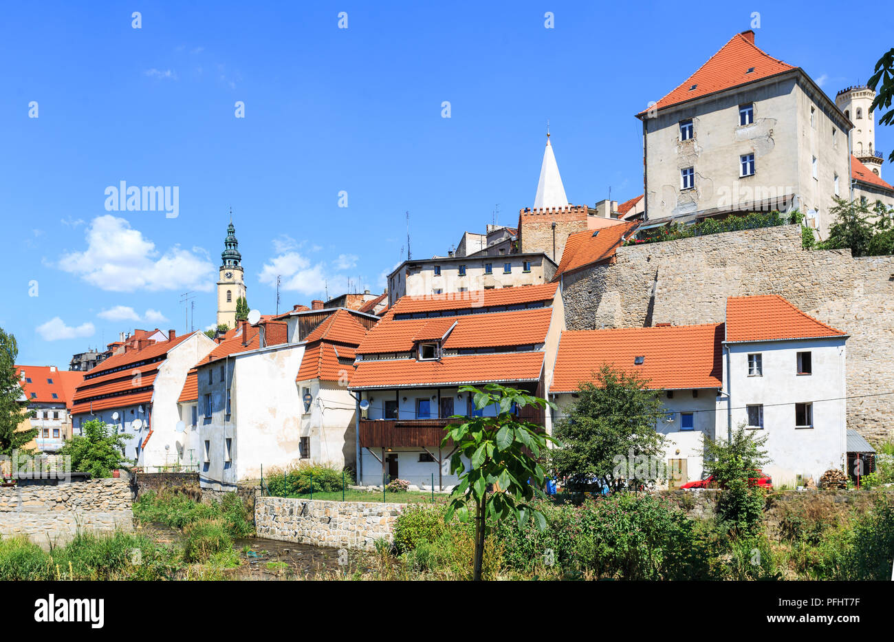 Bystrzyca Klodzka - Panorama of Old Town. The City lies near Klodzko Valley, at the feet of the Sudetes. It is located at the junction of two rivers Stock Photo