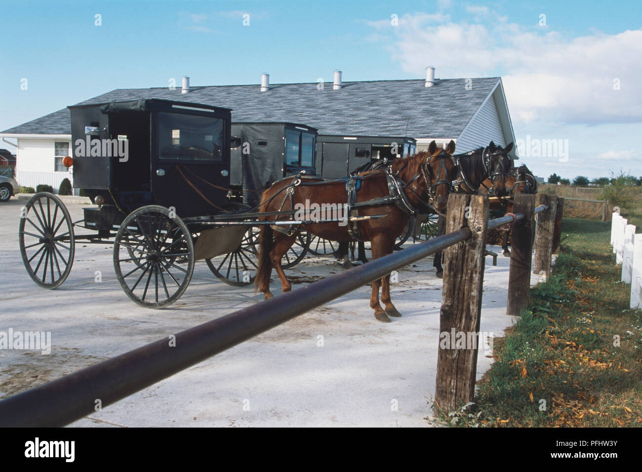 USA, Indiana, Amish horse-drawn buggies, side view Stock Photo