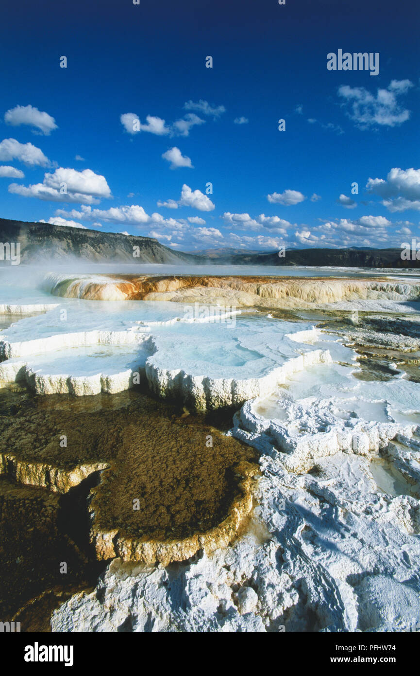 USA, Wyoming, Yellowstone National Park, Mammoth Hot Springs, panoramic view of rocky landscapes, elevated view Stock Photo