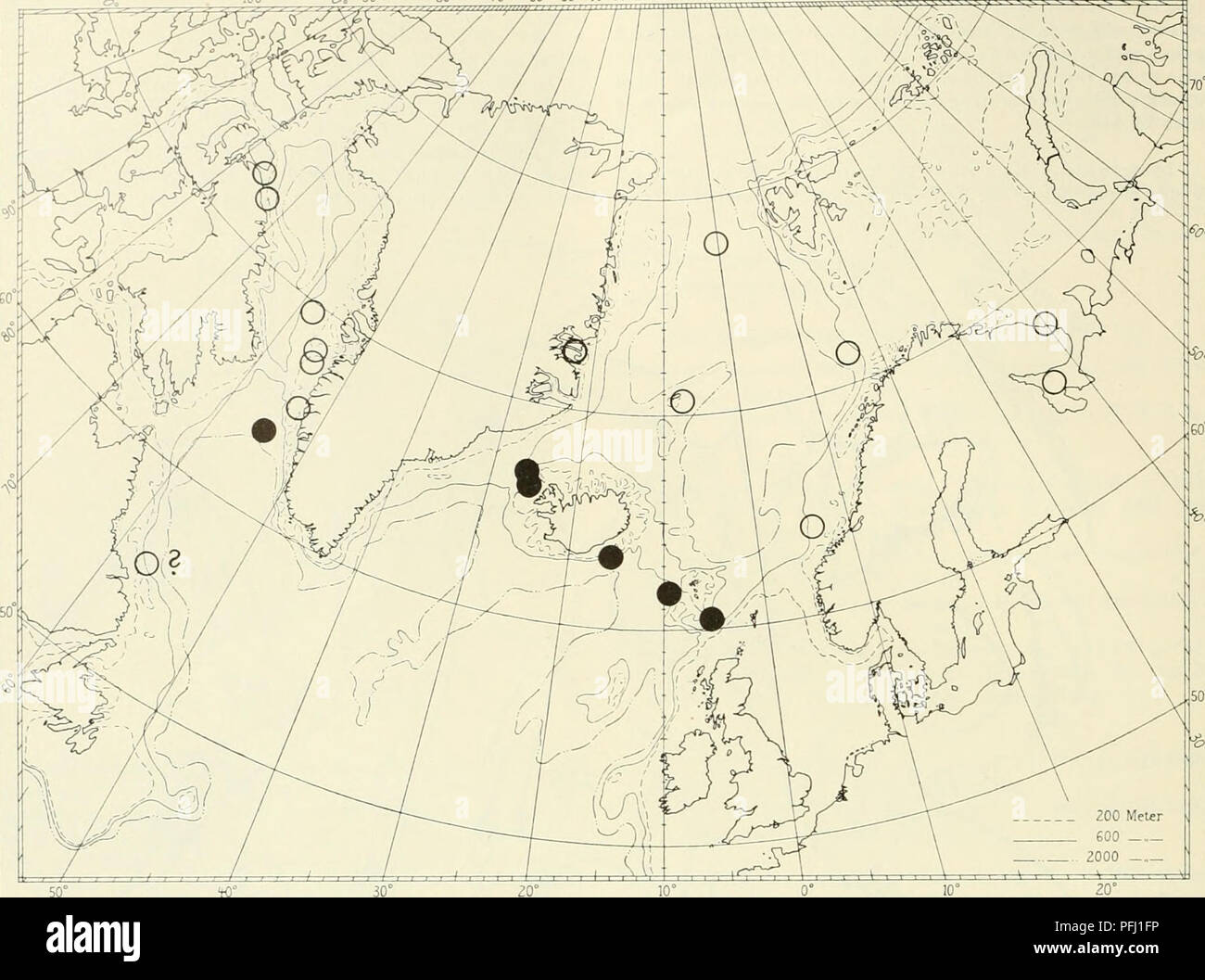 . The Danish Ingolf-expedition. Marine animals -- Arctic regions; Scientific expeditions; Arctic regions. Chart IV. Distribution of Ericthonius megalops. â¢ = new localities. O = localities from the literature. 63Â°26' N, 7Â°56' W, 887 in, H- 0Â°6. &quot;Ingolf&quot; St. 138: 10-VIII-1896. A few specimens. 70Â°32'N, 8Â°10'W, 900 m. 27-VI-1891. 2 specimens. Genus: Neohela S. I. Smith. 344. Neohela monstrosa (Boeck) (Chart V). Neohela monstrosa G. O. Sars, Crust, of Norway, vol. 1, 1895, p. 624, pi. 224. Neohela monstrosa Stebbing, Tierreich, vol. 1, 1906, p. 675. Occurrence: 66Â°23' N, 7Â°25' W Stock Photo