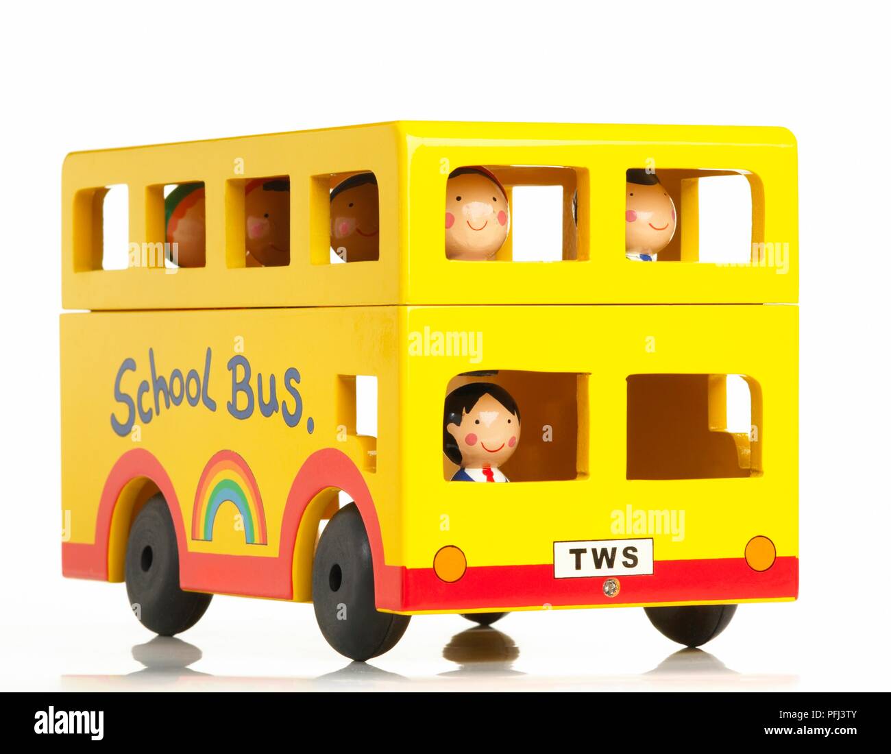 Toy school bus with six figurines inside Stock Photo Alamy