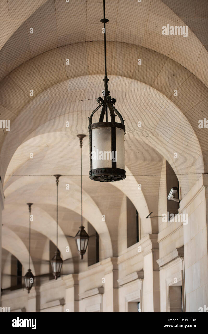 Archways and hanging lanterns at the Federal Triangle metro stop and Ronald Reagan Building in Washington, DC. Stock Photo