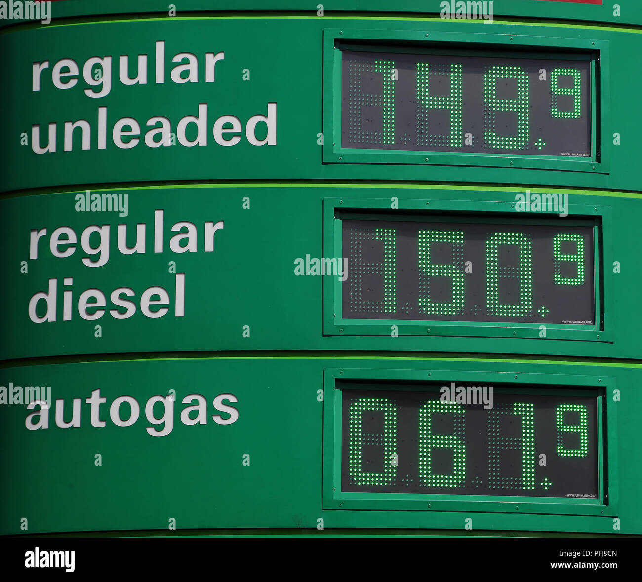 Petrol and diesel prices at a BP fuel station in Kent. Drivers embarking on a bank holiday getaway will be hit by fuel prices at a four-year high. Stock Photo