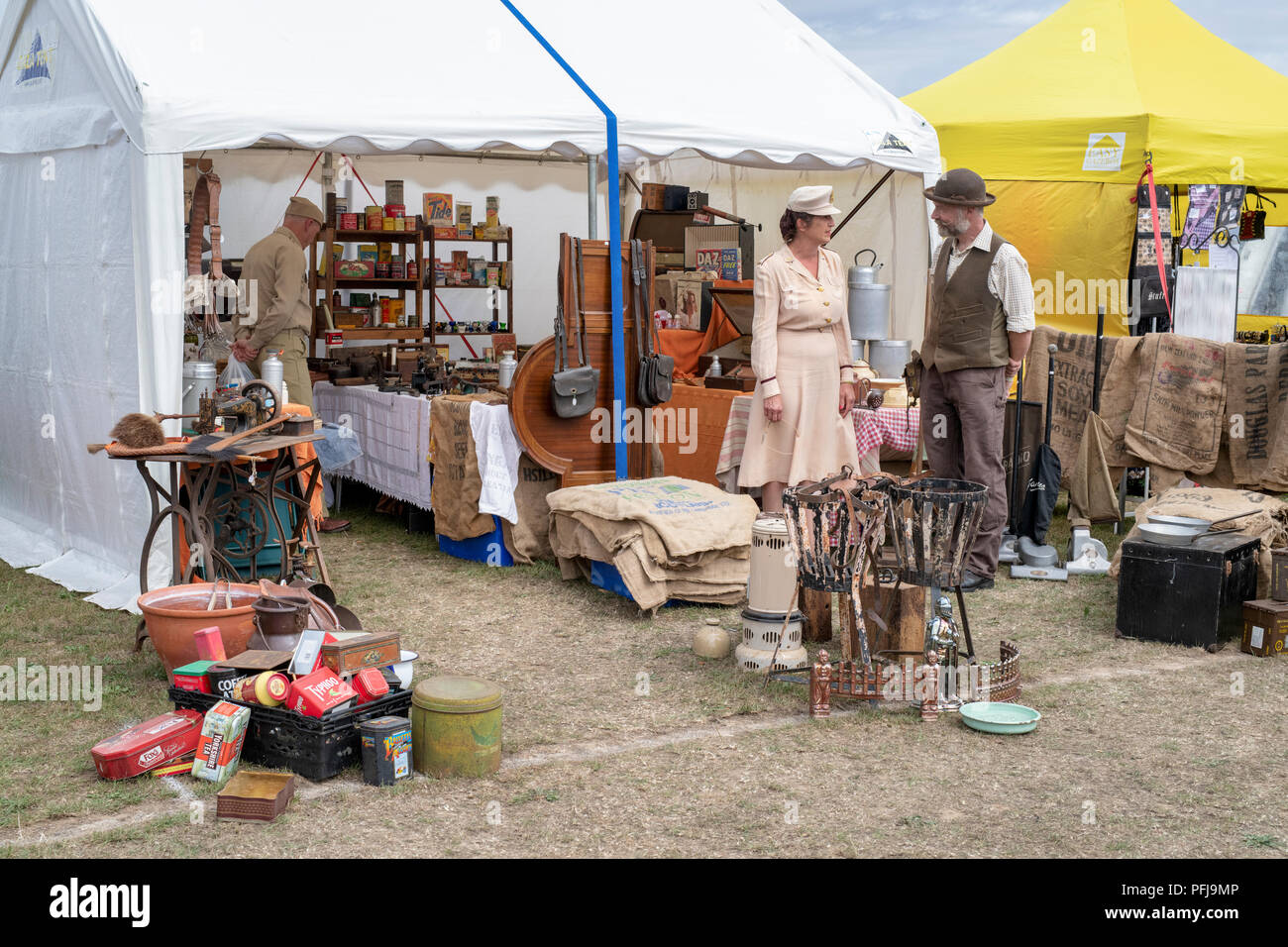 Vintage stall selling old household items at a vintage retro festival. UK Stock Photo