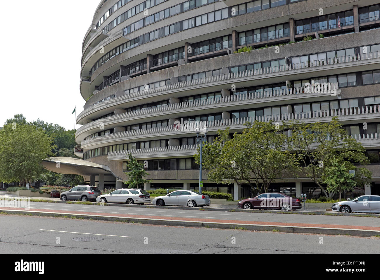 The exterior of the distinct Watergate Hotel in Washington, DC known for its historic role in the Watergate scandal. Stock Photo