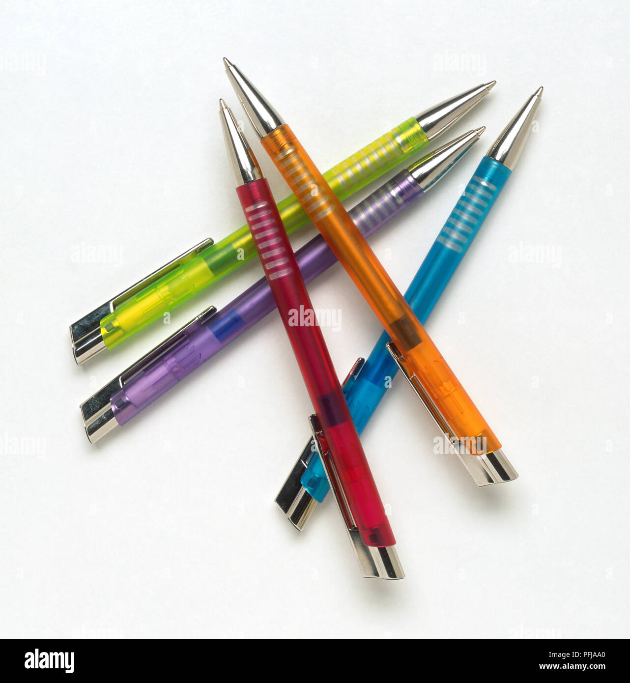 Five different coloured pens Stock Photo