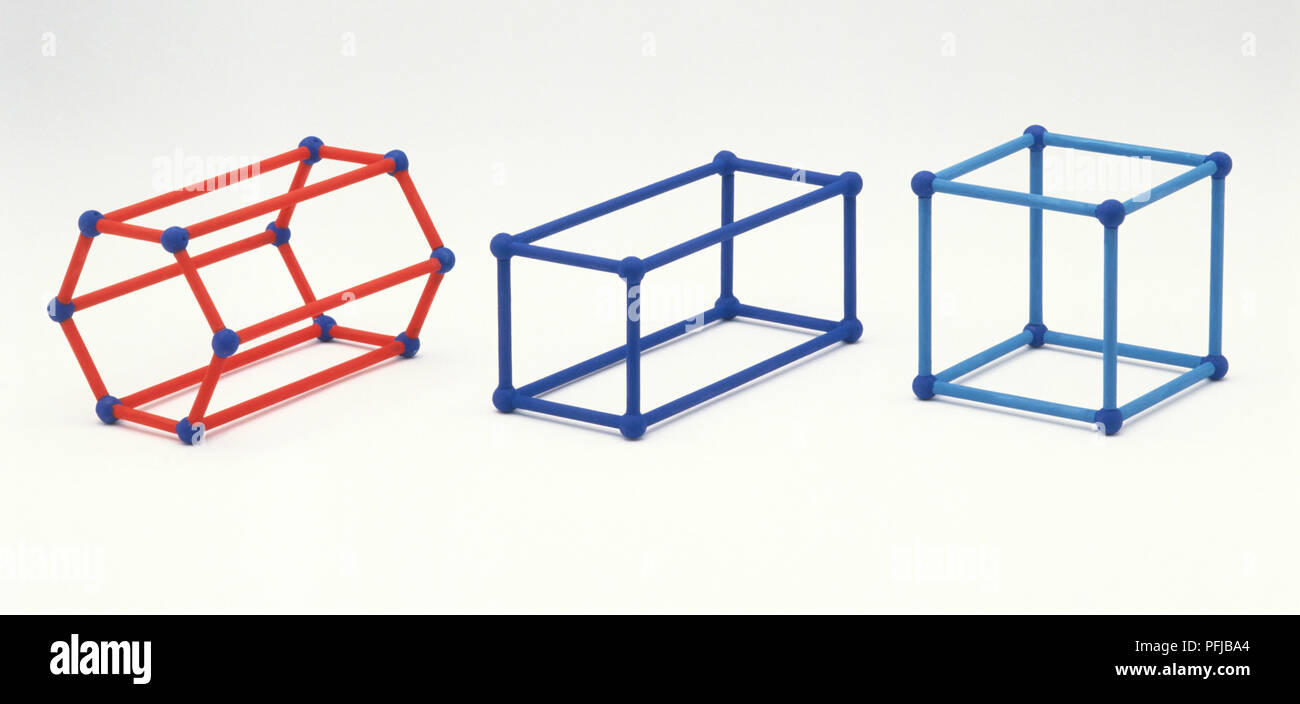 Geometric shapes, including hexagonal cylinder, rectangular and square cubes Stock Photo