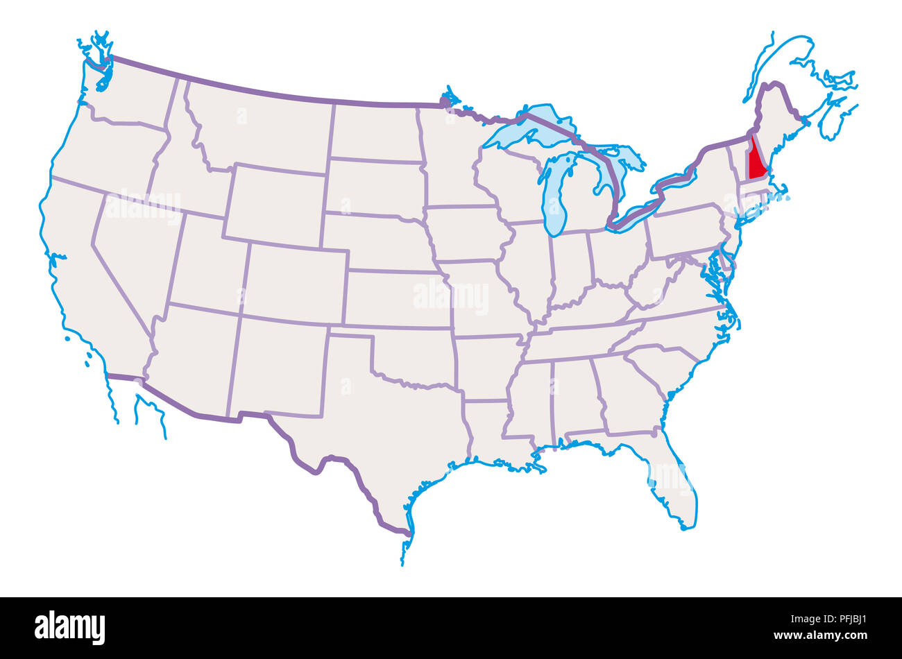 Map of USA, New Hampshire highlighted in red Stock Photo