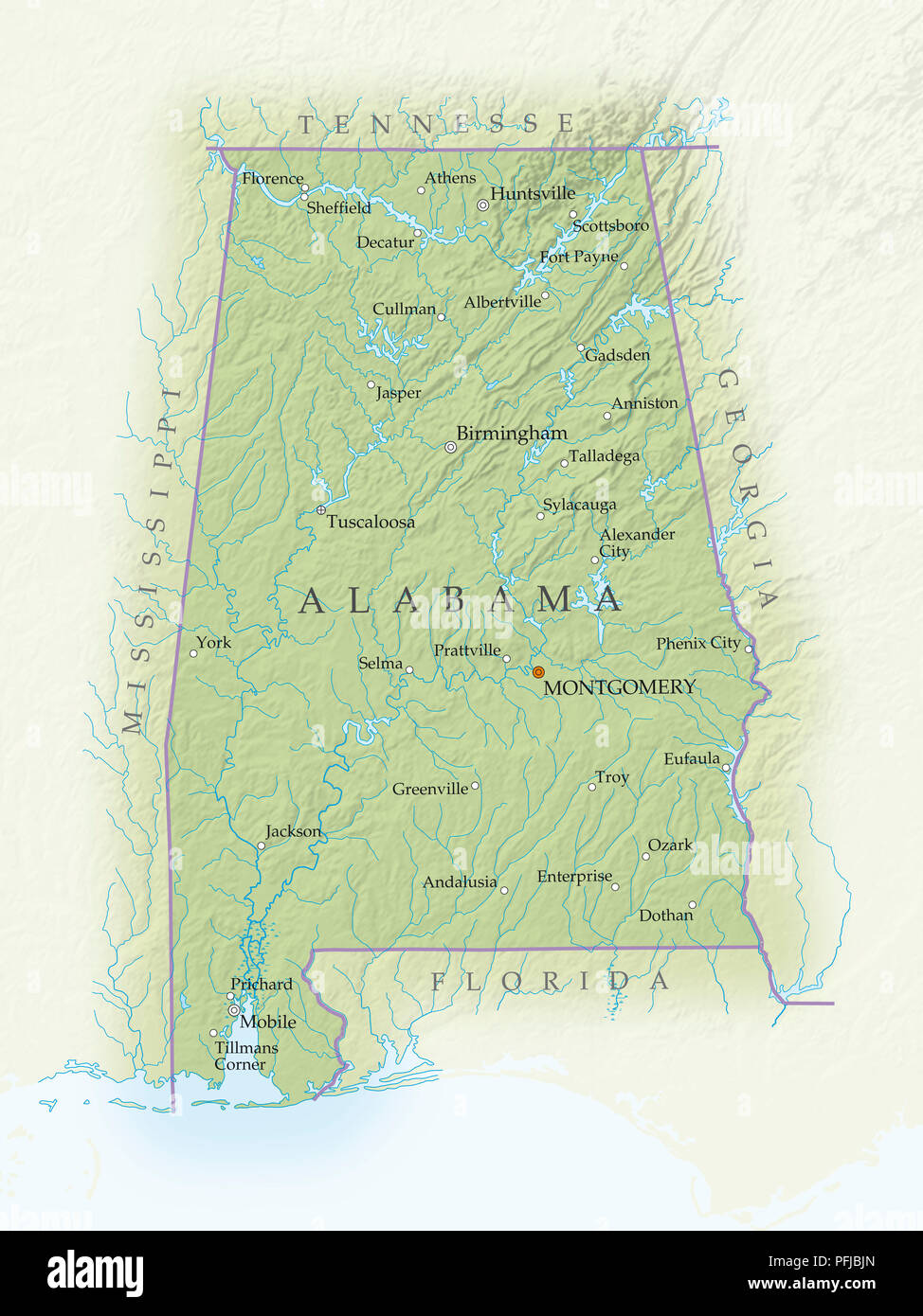 Map of Alabama, close-up
