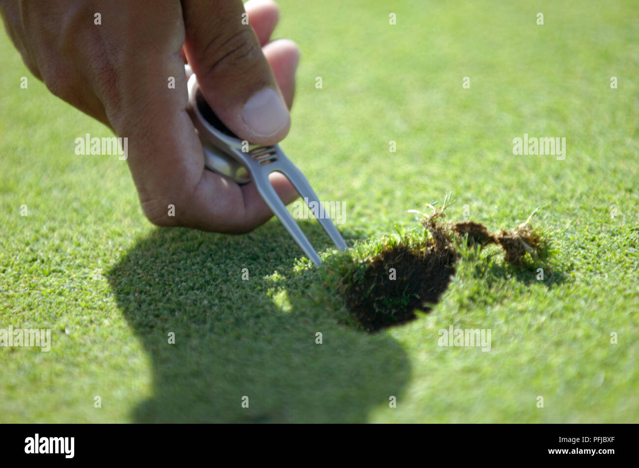 Hand using pitchmark repairer on golf course Stock Photo - Alamy