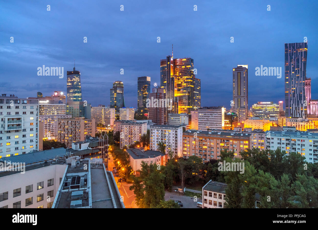 Downtown skyline at night from the Holiday Inn Warsaw City Centre, Warsaw, Poland Stock Photo