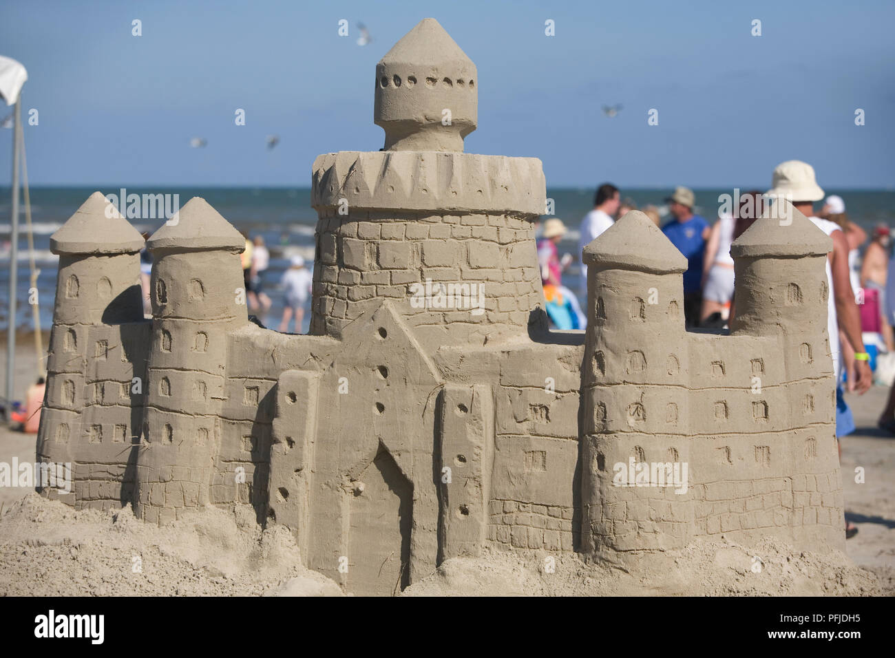 USA, Texas, Galveston, East Beach, sand castle built for sand castle