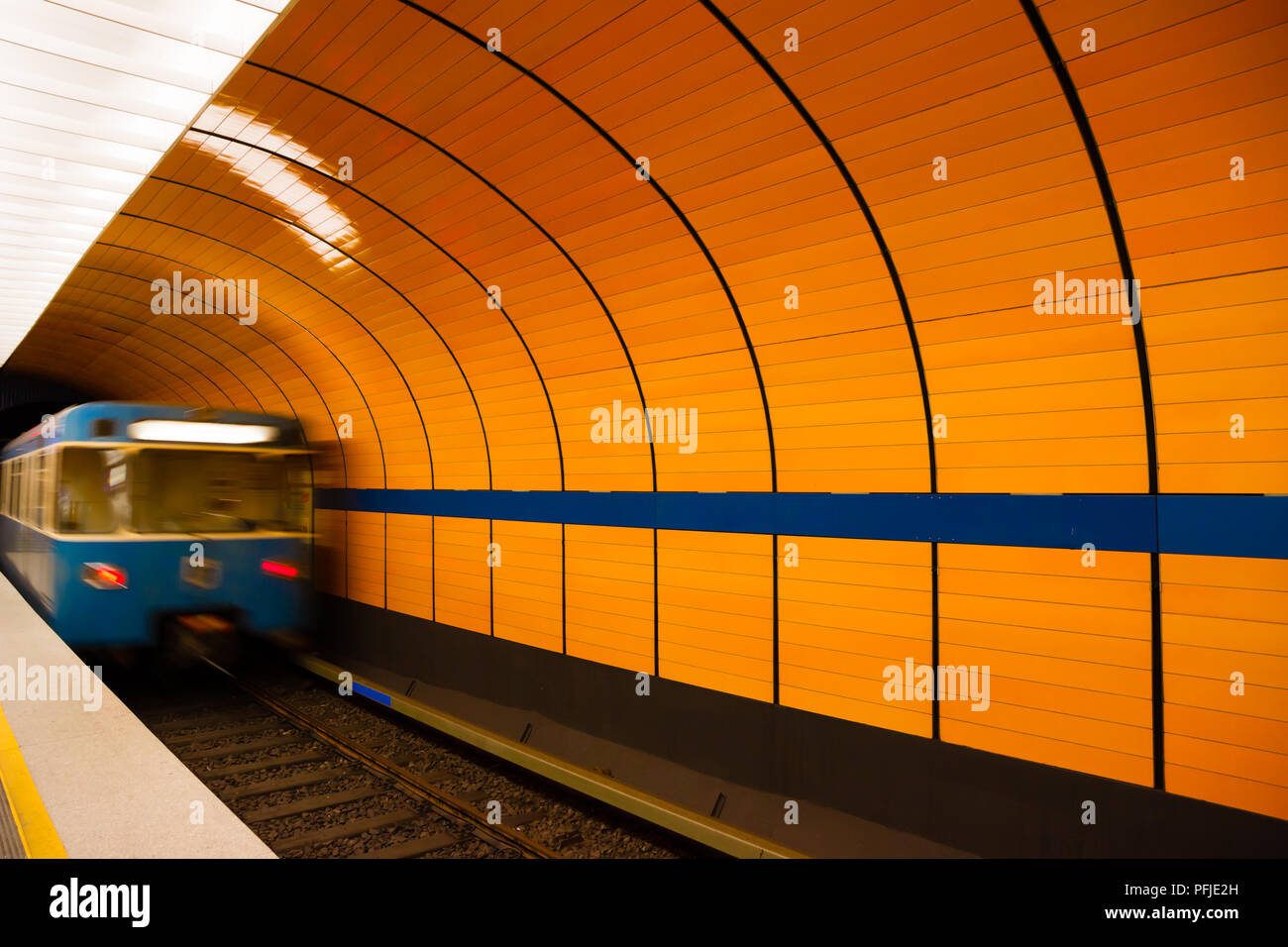 A train leaving platform in Munich underground, Germany Stock Photo