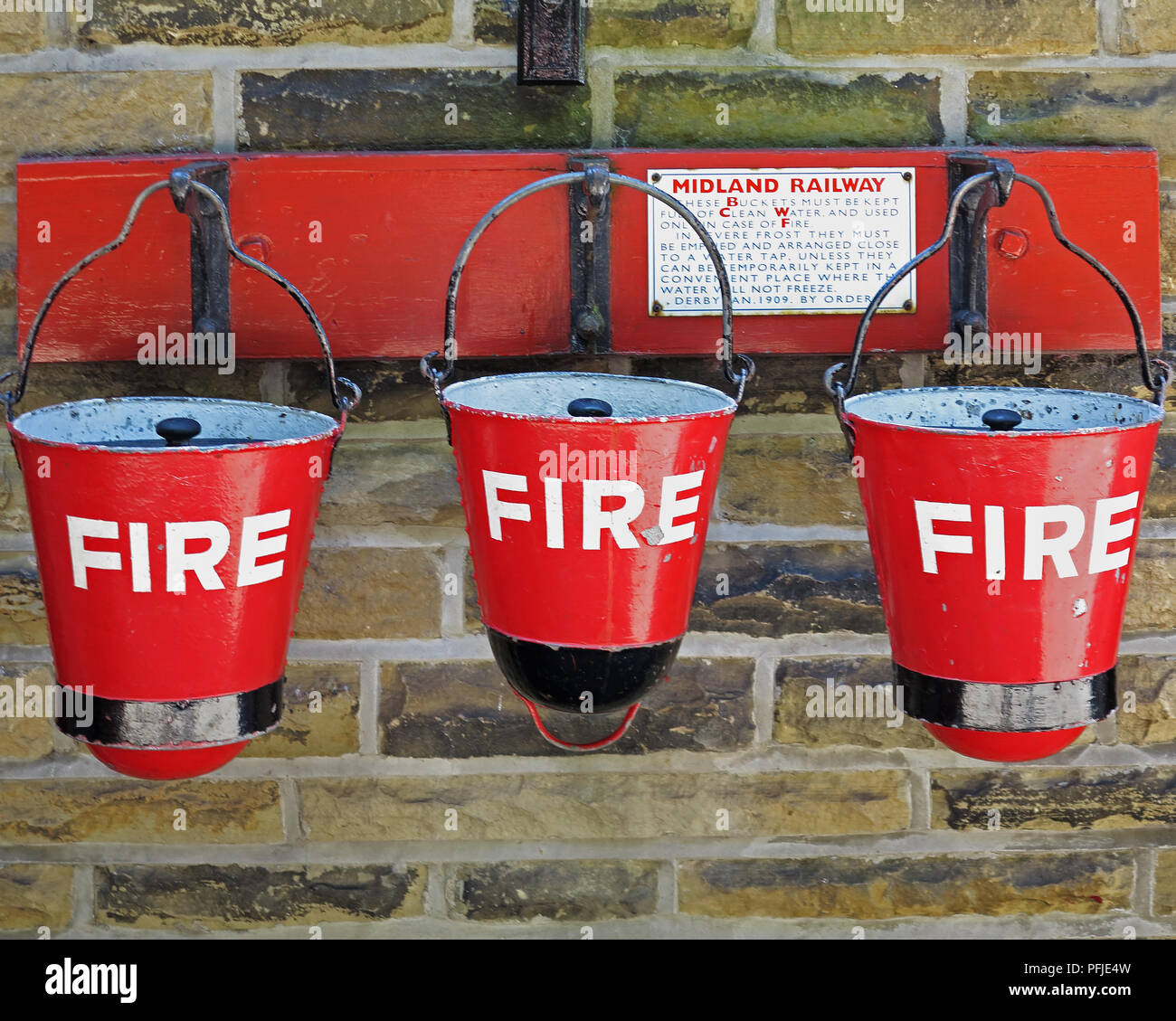 Fire buckets at Ingrow Station, on the KWVR line Stock Photo Alamy
