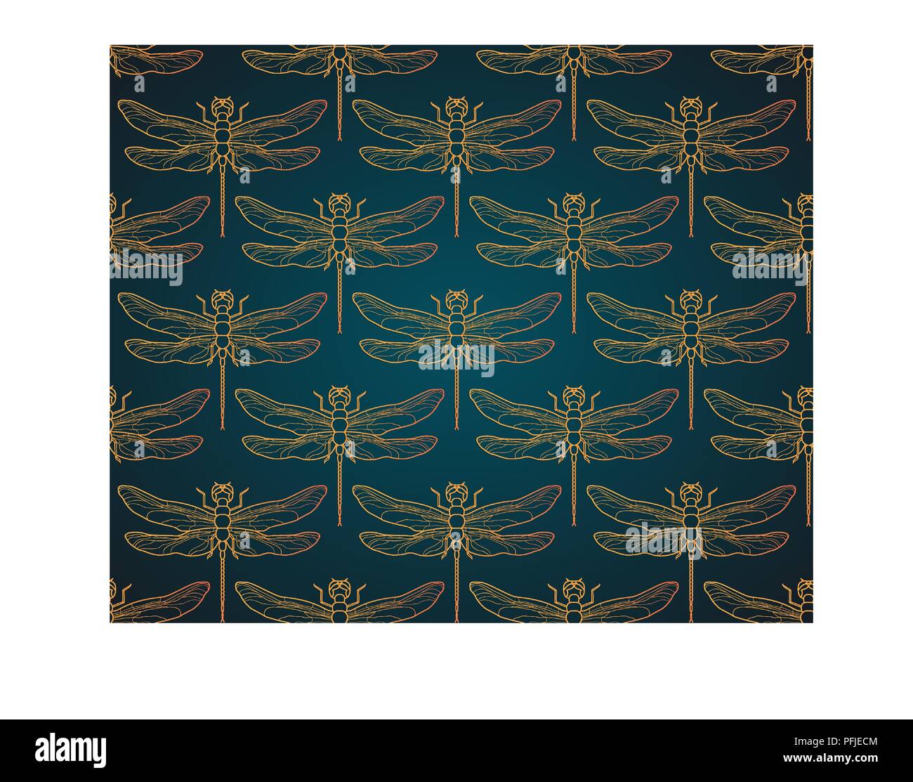 Dragonfly pattern seamless vector illustration. Insect pattern background gold. Vintage romantic tile luxury gold dragonfly on minimalistic dark elegant background. Black gold pattern. Stock Vector