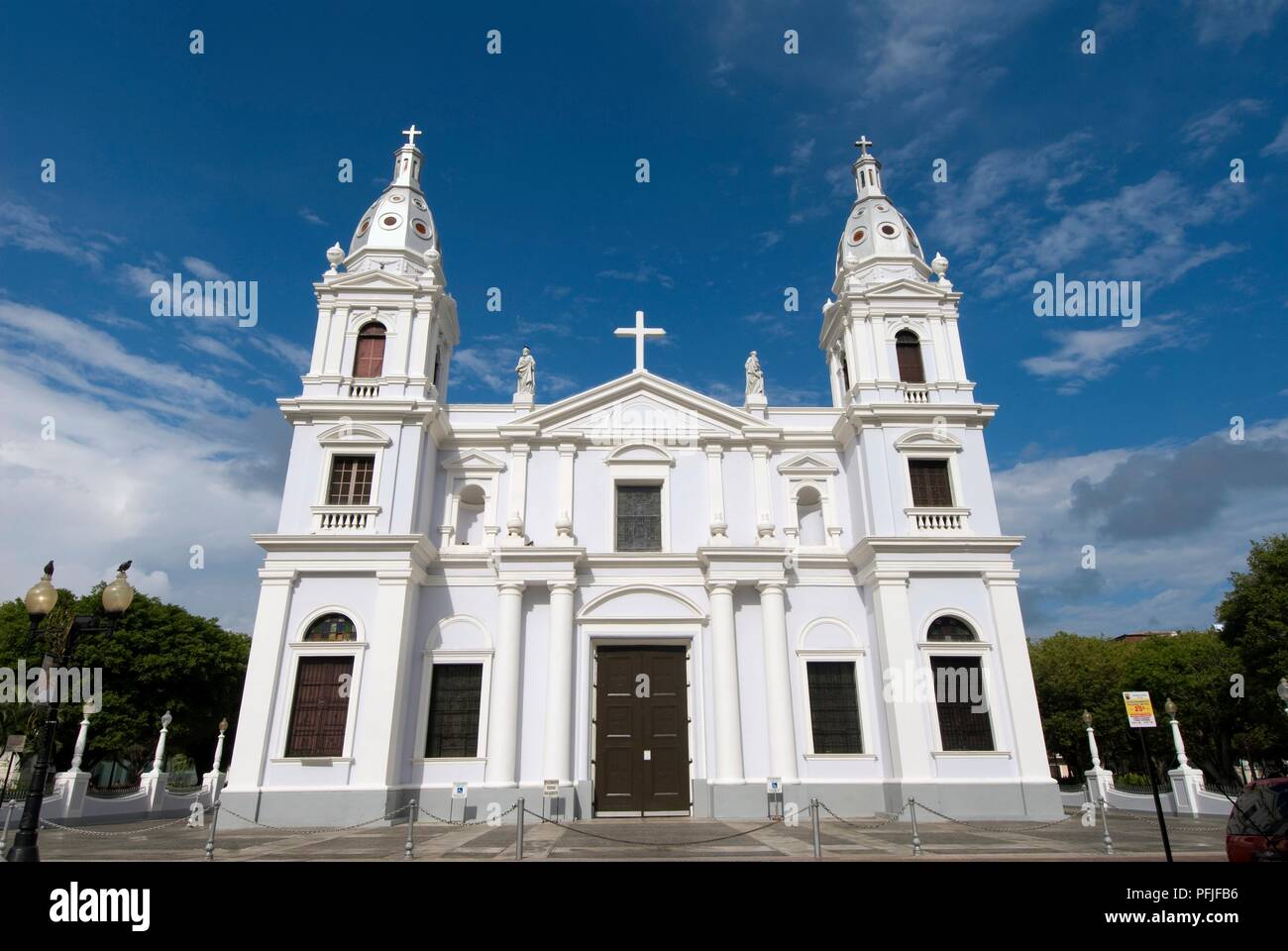 Puerto Rico, Ponce, Plaza de las Delicias, Cathedral Nuestra Senora de Guadalupe, neoclassical facade, low angle view Stock Photo