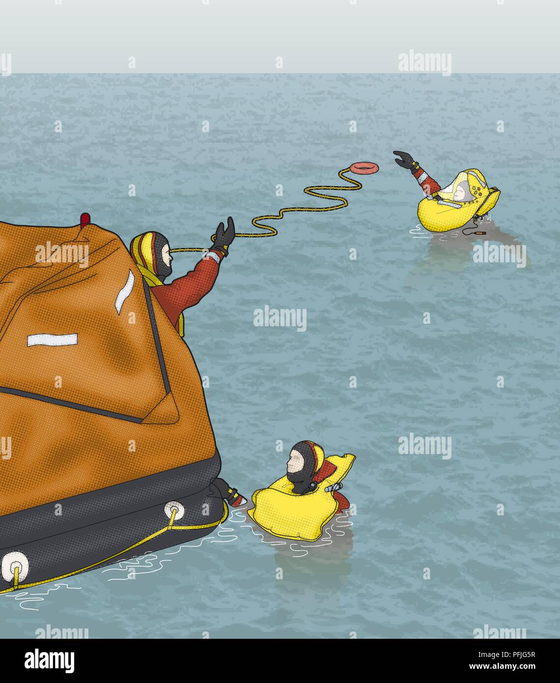 Digital composite of man on liferaft throwing quoit and rope to man in