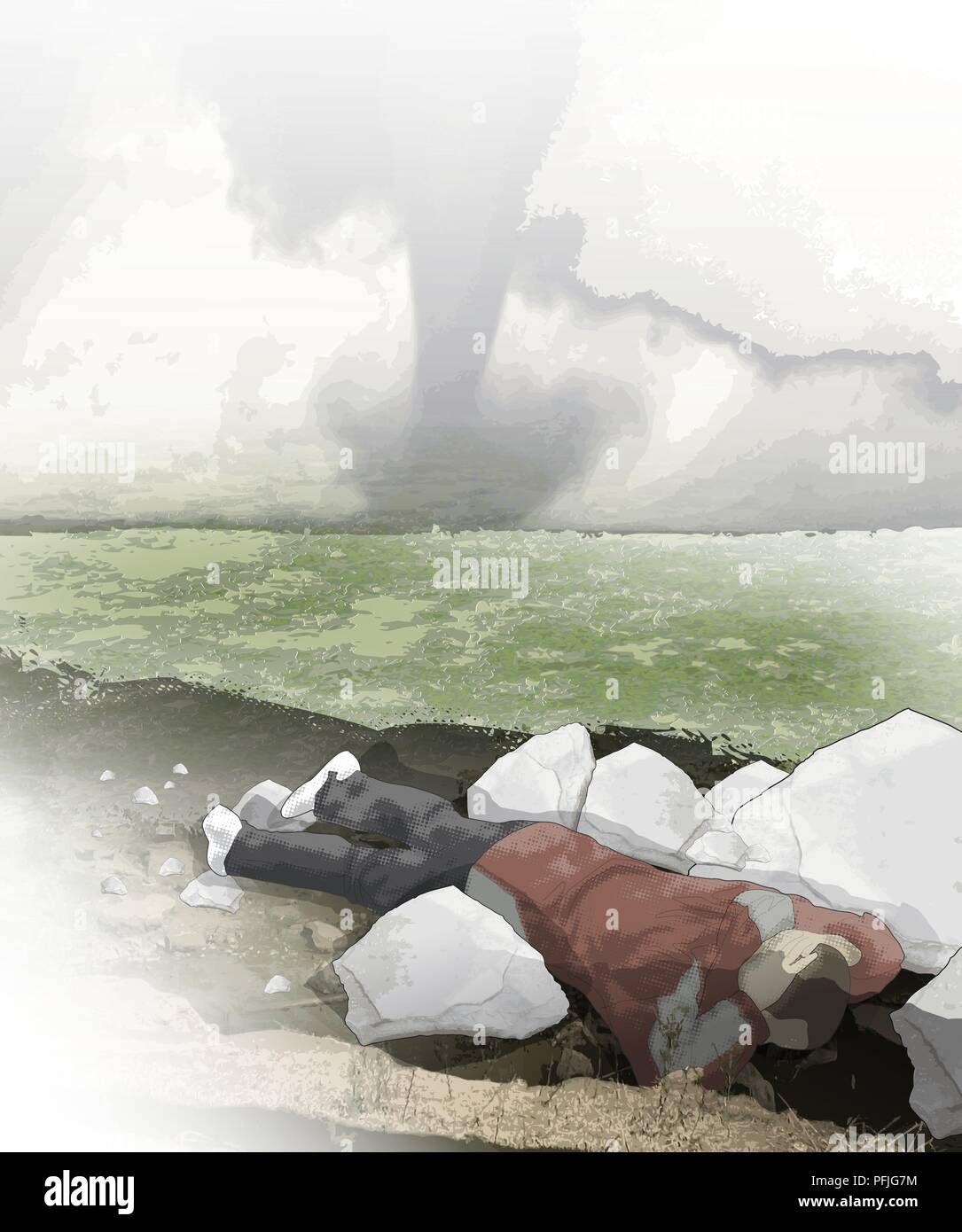 Digital illustration of man lying on front with hands behind head taking cover in rocks from advancing tornado Stock Photo